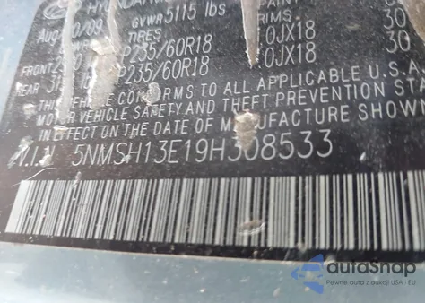 2009 Hyundai Santa Fe Se z USA, uszkodzony, nr VIN 5NMSH13E19H308533